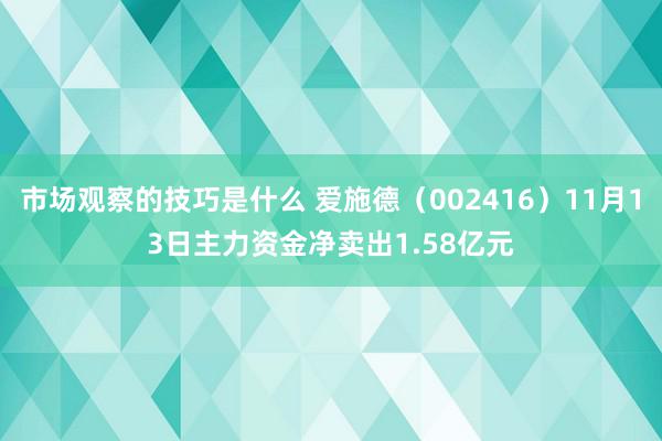 市场观察的技巧是什么 爱施德（002416）11月13日主力资金净卖出1.58亿元