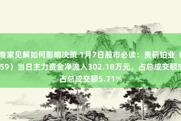 专家见解如何影响决策 1月7日股市必读：贵研铂业（600459）当日主力资金净流入302.18万元，占总成交额5.71%