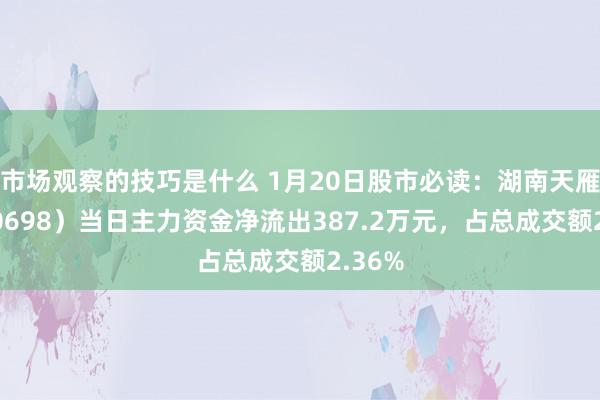 市场观察的技巧是什么 1月20日股市必读：湖南天雁（600698）当日主力资金净流出387.2万元，占总成交额2.36%