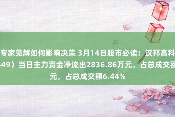 专家见解如何影响决策 3月14日股市必读：汉邦高科（300449）当日主力资金净流出2836.86万元，占总成交额6.44%